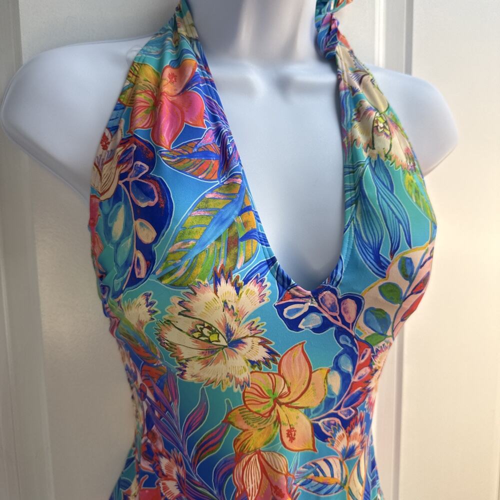 Johnny Was Size Small Helena Halter One Piece Swimsuit Blue Floral NWT $198 - Picture 4 of 11